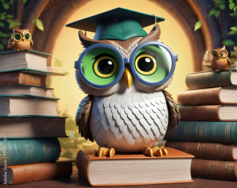 An owl with piercing green eyes and round glasses on a pile of old books, wearing a graduation cap with a halo of light adding wisdom An owl with piercing green eyes and round glasses on a pile of old books, wearing a graduation cap with a halo of light adding wisdom