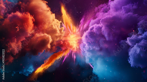 fire and clouds, Explosion of bright colors with 3D particle effect for illustration.