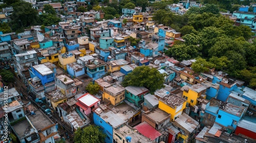 The image highlights stark social inequality, featuring opulent villas adjacent to crumbling shanties, revealing a divided community. Generative AI photo