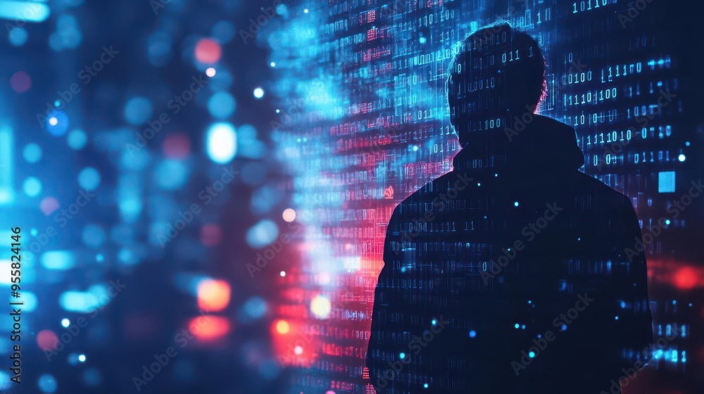 abstract hacker silhouette with binary code overlay cybercrime icons ...
