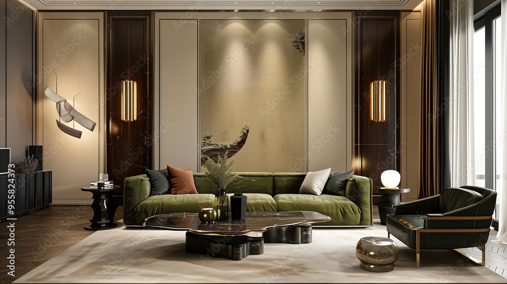 Living room with a deep olive green sofa, beige walls, and dark wood accents. home interior design concept
Living room with a deep olive green sofa, beige walls, and dark wood accents. home interior design concept