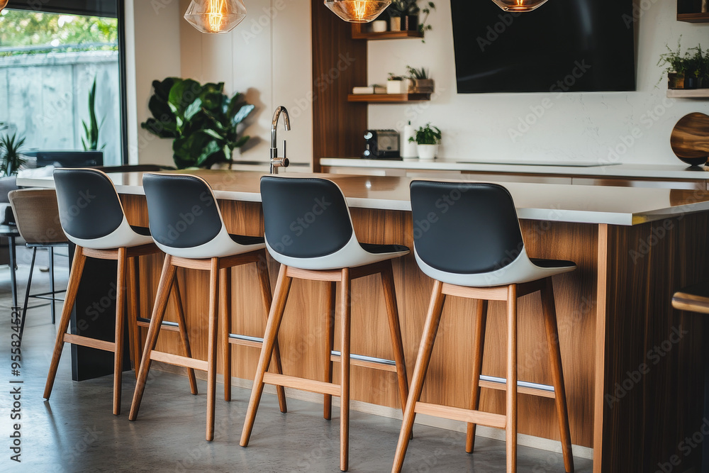 Four modern barstools in various colors and styles with black leather seats, wooden legs, and white backrests, arranged at open kitchen island with TV and pendant lights. Four modern barstools in various colors and styles with black leather seats, wooden legs, and white backrests, arranged at open kitchen island with TV and pendant lights.