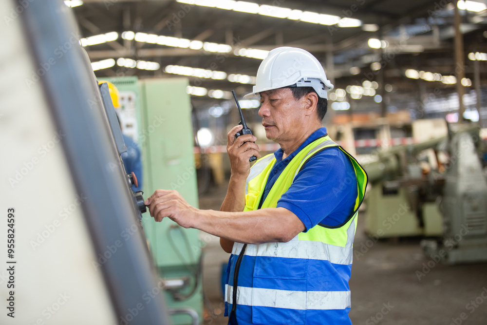 Man professional worker using talkie walkie in heavy industry engineer wearing safety uniform at industrial. Male manager checking system construction manufacturing. Man professional worker using talkie walkie in heavy industry engineer wearing safety uniform at industrial. Male manager checking system construction manufacturing.