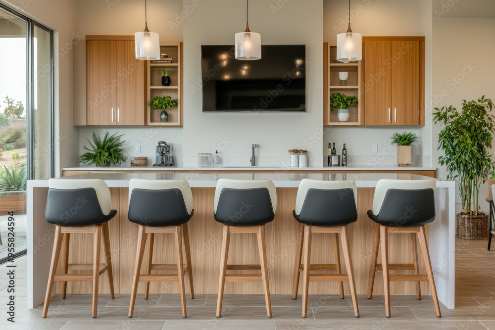 Four modern barstools in various colors and styles with black leather seats, wooden legs, and white backrests, arranged at open kitchen island with TV and pendant lights. Four modern barstools in various colors and styles with black leather seats, wooden legs, and white backrests, arranged at open kitchen island with TV and pendant lights.