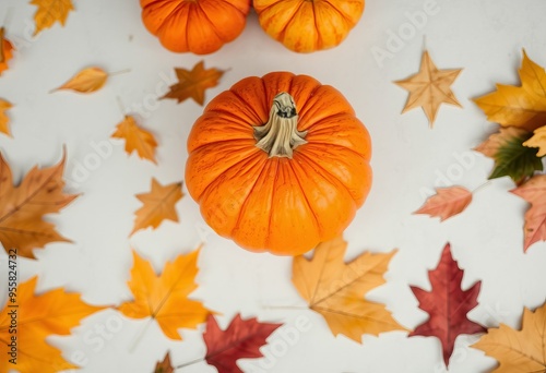 Pumpkins and gourds scattered on the grass in an autumn harvest setting