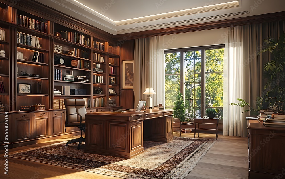 Spacious Home Office with Wooden Desk, Comfortable Chair, and Bookshelves Spacious Home Office with Wooden Desk, Comfortable Chair, and Bookshelves