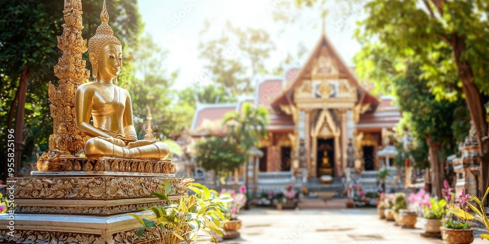 Golden Buddha Statue in a Buddhist Temple with Green Trees Golden Buddha Statue in a Buddhist Temple with Green Trees