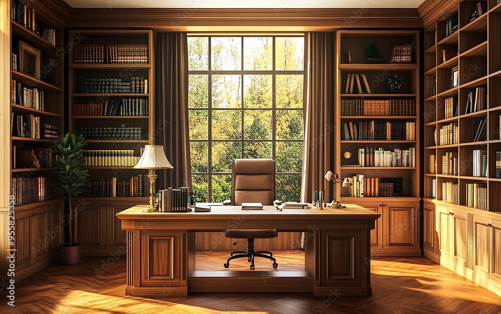 Spacious Home Office with Wooden Desk, Comfortable Chair, and Bookshelves Spacious Home Office with Wooden Desk, Comfortable Chair, and Bookshelves