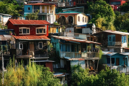 Luxurious villas stand beside dilapidated shanties, highlighting stark social inequality in a vibrant neighborhood. Generative AI photo