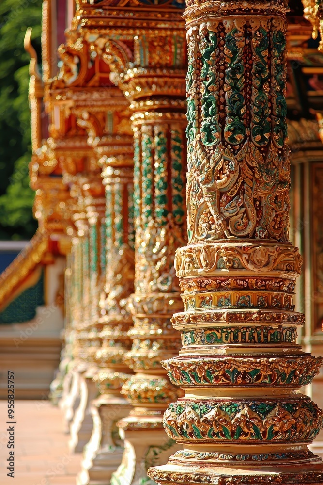 Fototapeta premium Ornate Carved Pillars in a Thai Temple