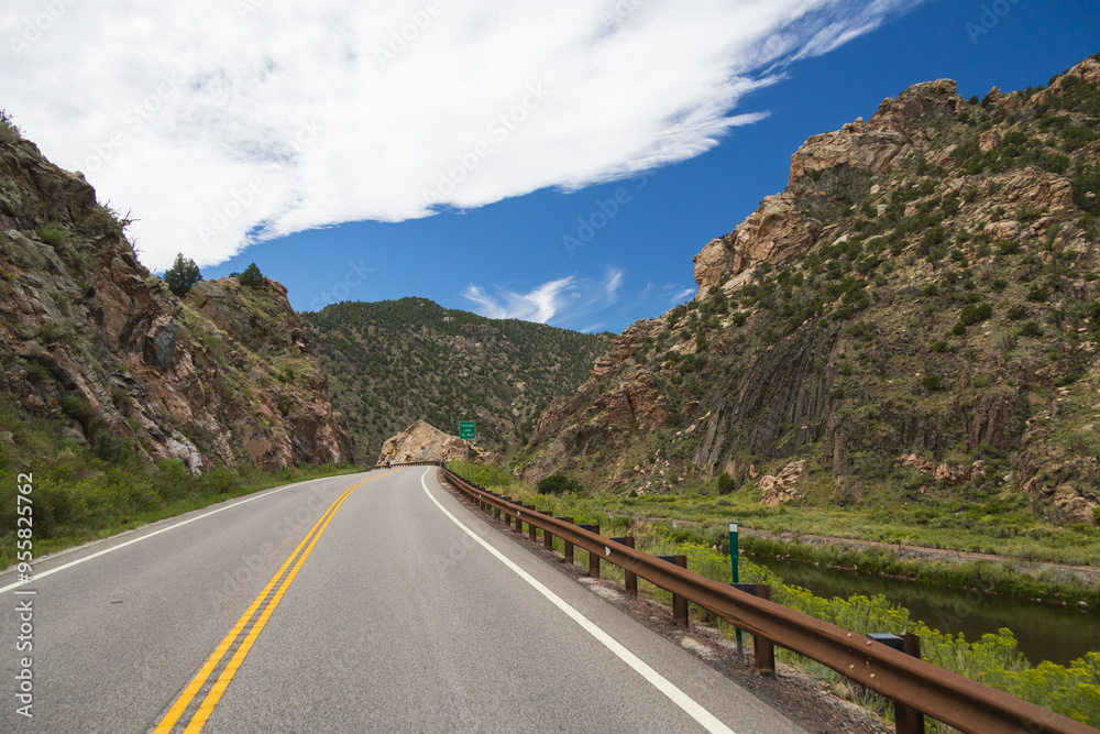Fototapeta premium Road beside the Arkansas River flowing through Royal Gorge Canyon, Colorado