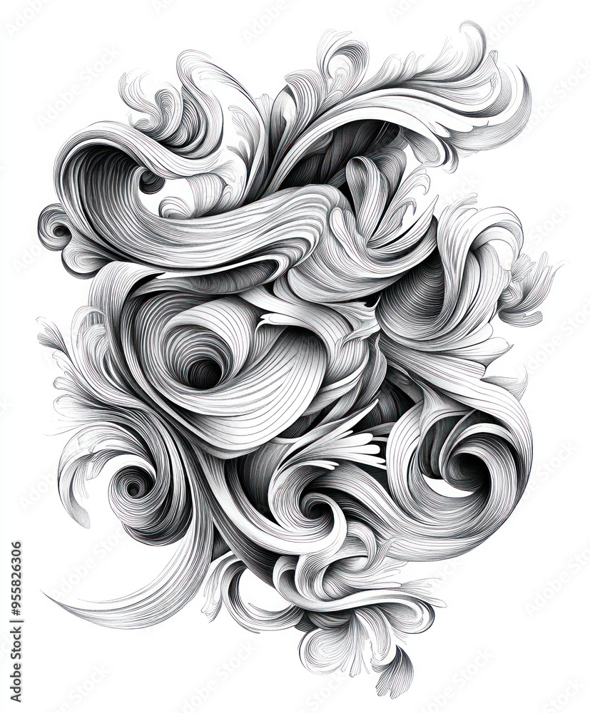 A swirling abstract design featuring intricate patterns and flowing lines in monochrome. A swirling abstract design featuring intricate patterns and flowing lines in monochrome.