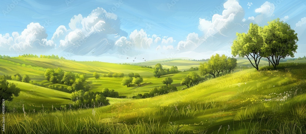 Obraz premium Bumpy Green Steppe Near With Trees And Blue Sky