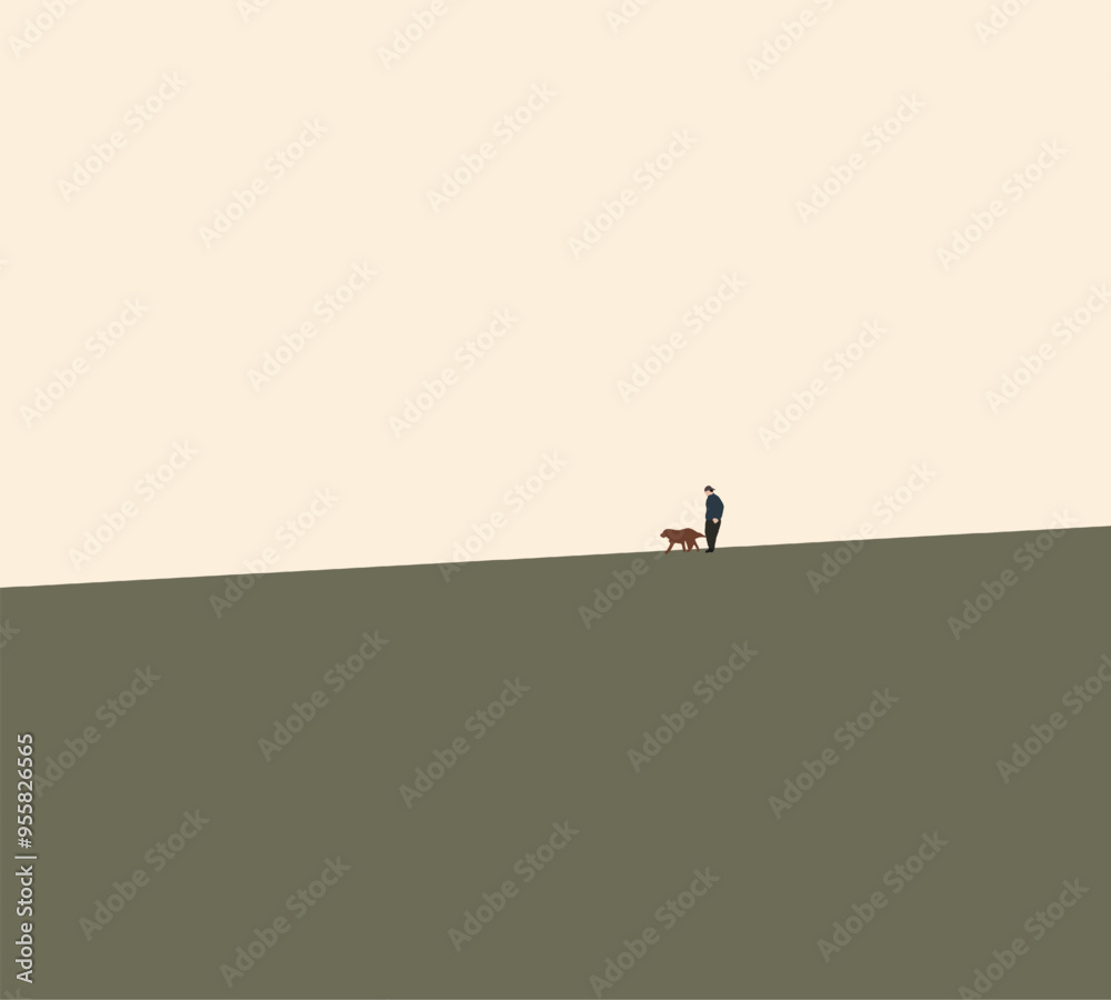 Man walking with dog on the mountain during holiday vacation. Traveling with a pet. Sport and adventure. Healthy lifestyle concept. Minimal design. Man walking with dog on the mountain during holiday vacation. Traveling with a pet. Sport and adventure. Healthy lifestyle concept. Minimal design.
