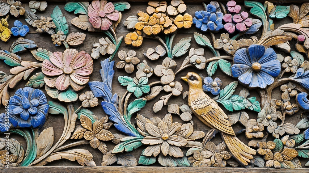 Intricate Carved Wooden Floral Design with Bird Intricate Carved Wooden Floral Design with Bird
