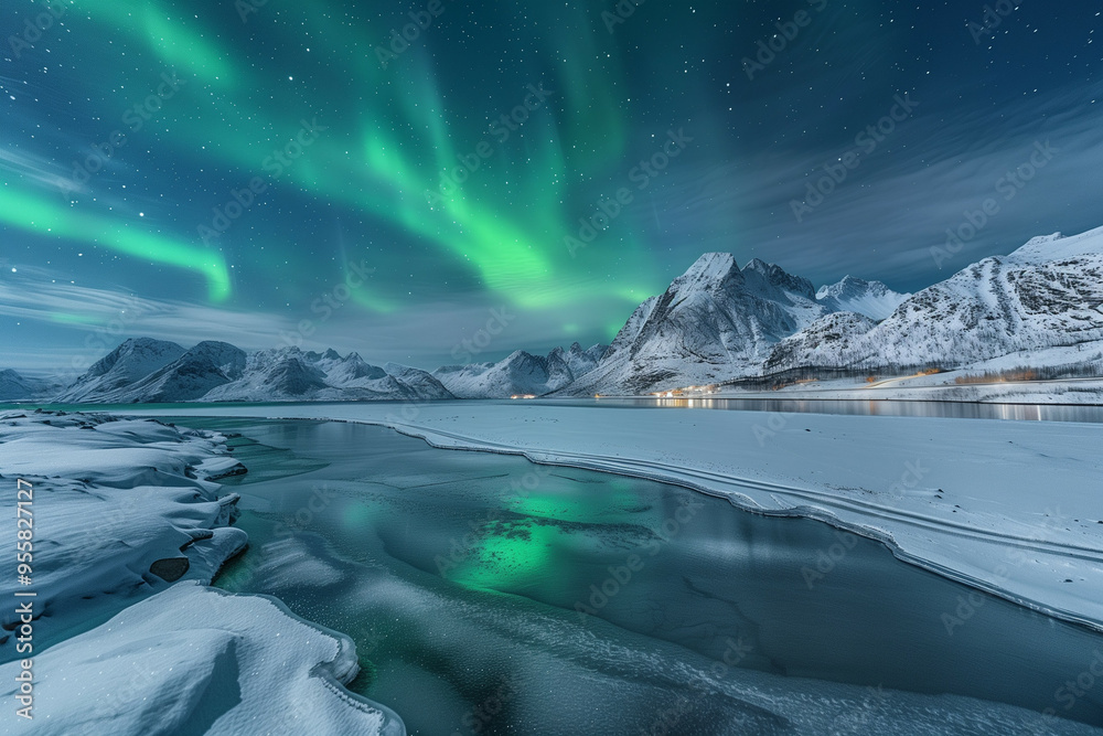 This image features the mesmerizing northern lights cascading over a frozen landscape, illuminating the snow-covered mountains and icy waters with a vibrant display of green hues, under a starry sky This image features the mesmerizing northern lights cascading over a frozen landscape, illuminating the snow-covered mountains and icy waters with a vibrant display of green hues, under a starry sky