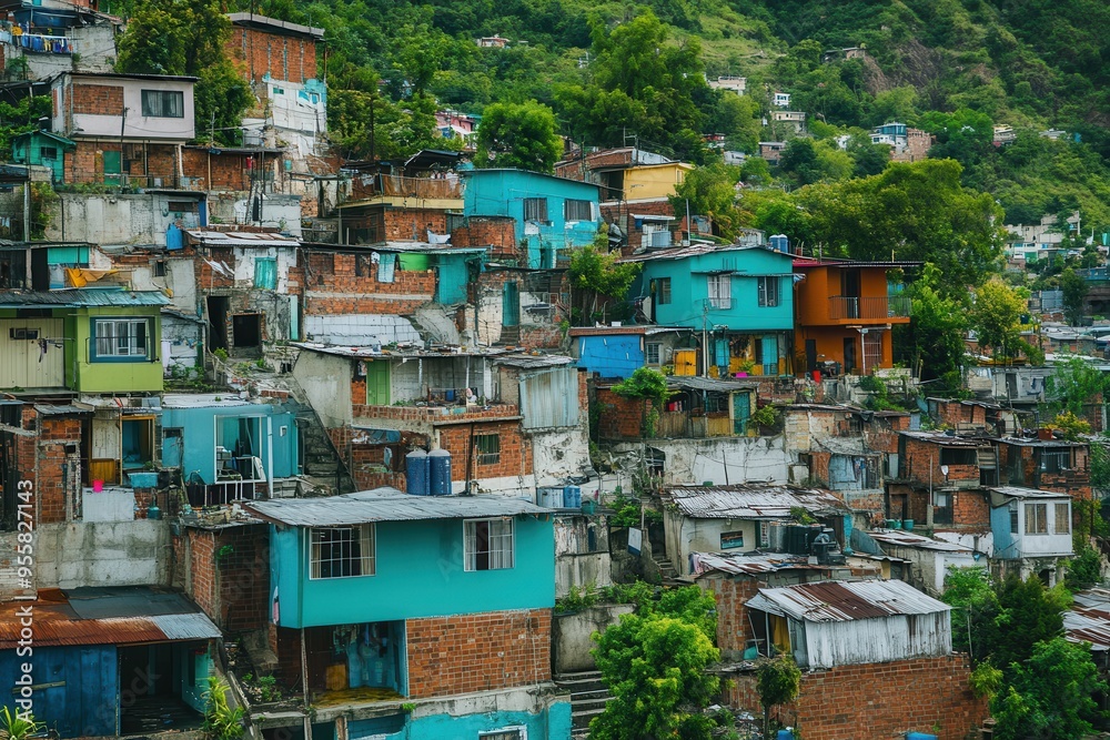 Rich villas coexist with dilapidated shanties, illustrating striking social inequality in this contrasting hillside community. Generative AI Rich villas coexist with dilapidated shanties, illustrating striking social inequality in this contrasting hillside community. Generative AI