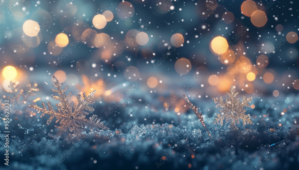 Obraz premium A Scenic Winter Background Depicting Intricate Snowflakes Glittering Amongst Softly Falling Snow Under a Mystical Moonlit Sky with Warm Bokeh Lights