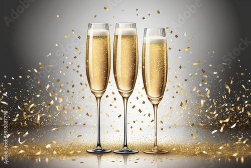 Celebration with champagne glasses on golden glitters background photo