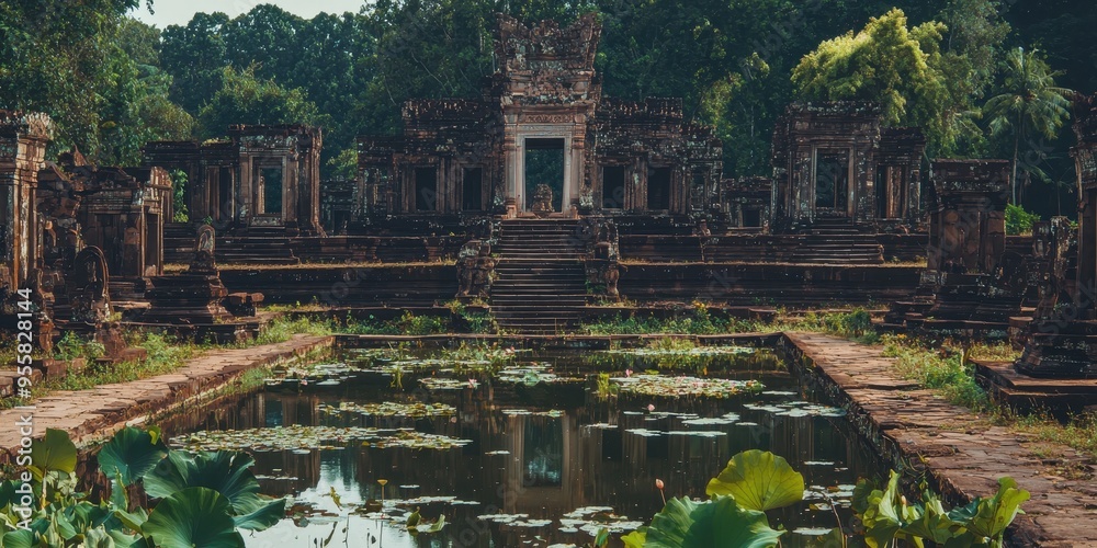 Ancient Temple Ruins with Water Reflection and Lush Greenery Ancient Temple Ruins with Water Reflection and Lush Greenery
