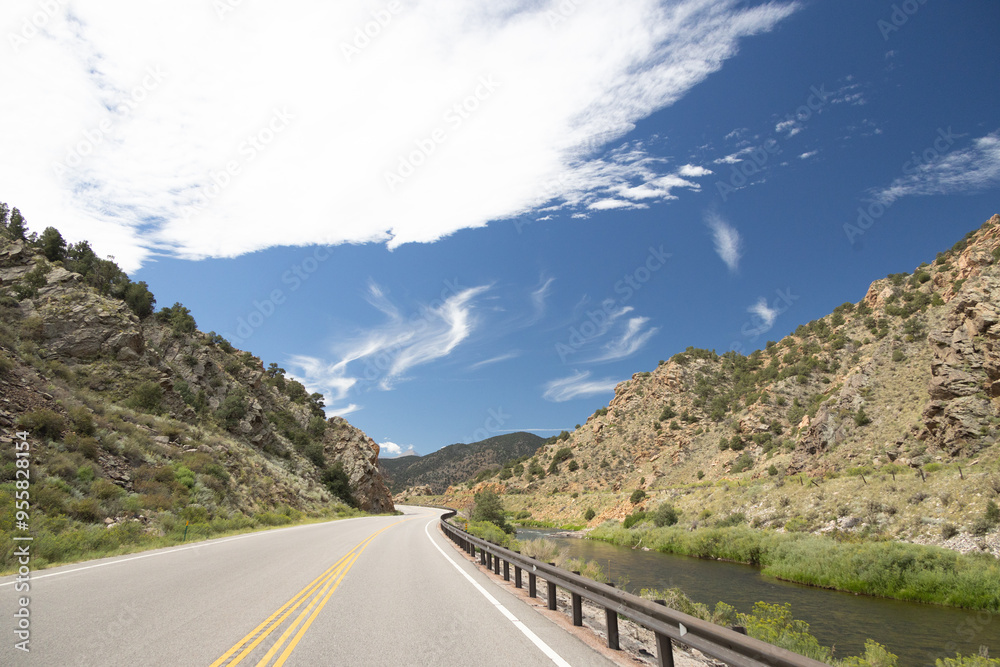 Road beside the Arkansas River flowing through Royal Gorge Canyon, Colorado Road beside the Arkansas River flowing through Royal Gorge Canyon, Colorado