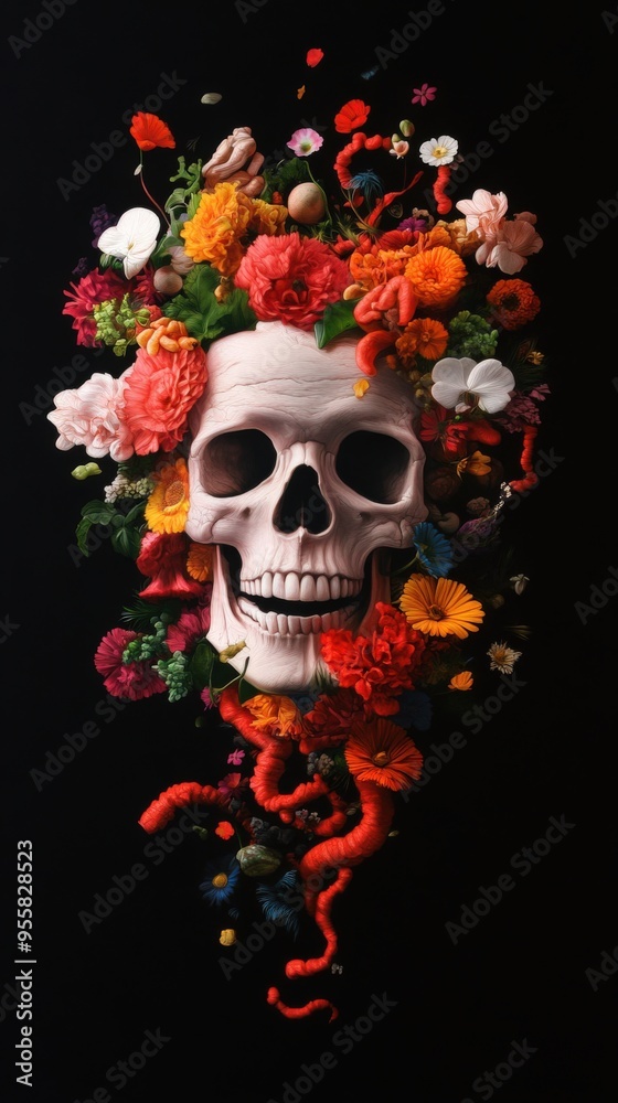 A creative blend of a skull adorned with vibrant flowers, symbolizing life and death in a striking visual display.