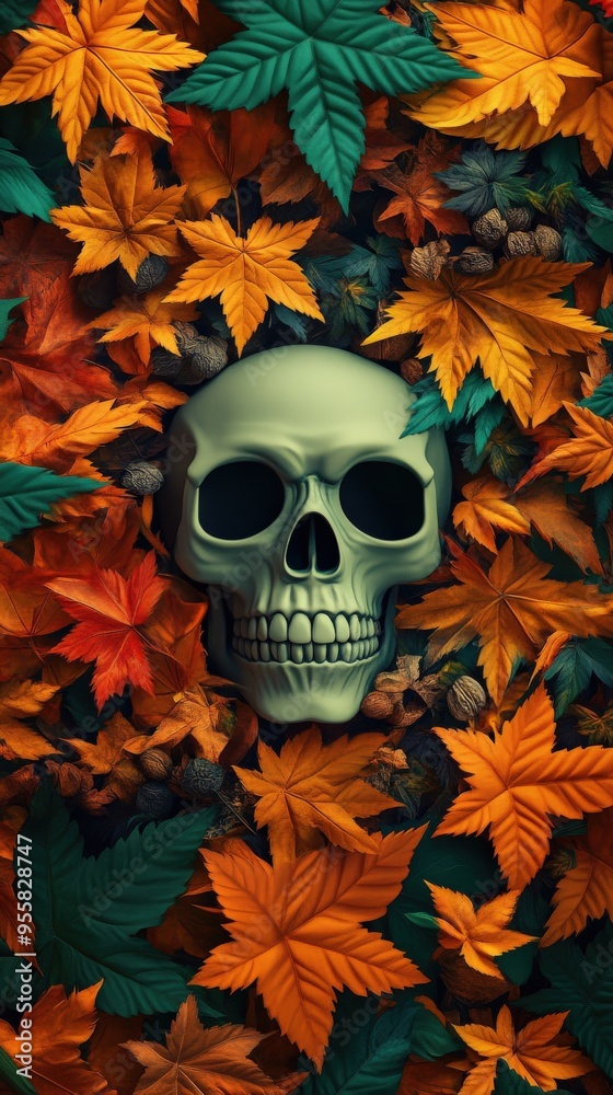 A haunting skull nestled among vibrant autumn leaves, embodying the season's beauty and eerie charm. A haunting skull nestled among vibrant autumn leaves, embodying the season's beauty and eerie charm.