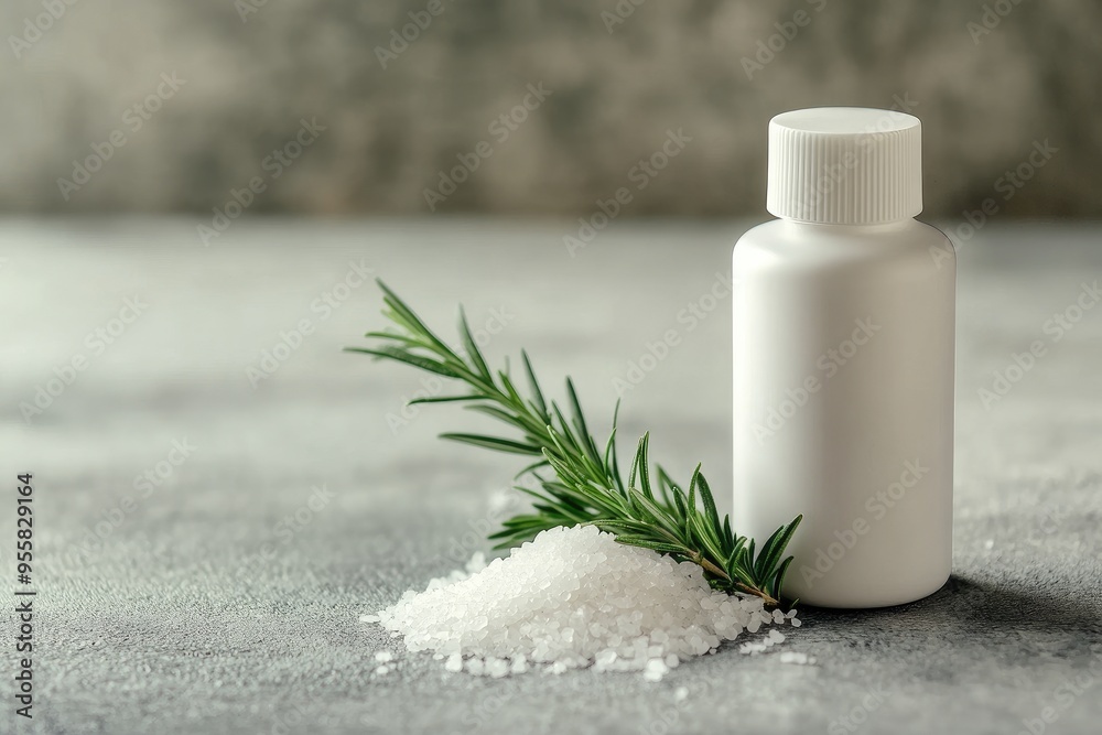 Natural Spa Skincare Concept with White Matte Lotion Bottle, Sea Salt, and Rosemary on Concrete Surface Natural Spa Skincare Concept with White Matte Lotion Bottle, Sea Salt, and Rosemary on Concrete Surface
