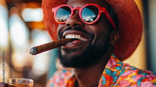 An African American man is relaxing at a tropical resort by the ocean. He is extremely relaxed and cheerful, smoking a cigar and drinking whiskey.