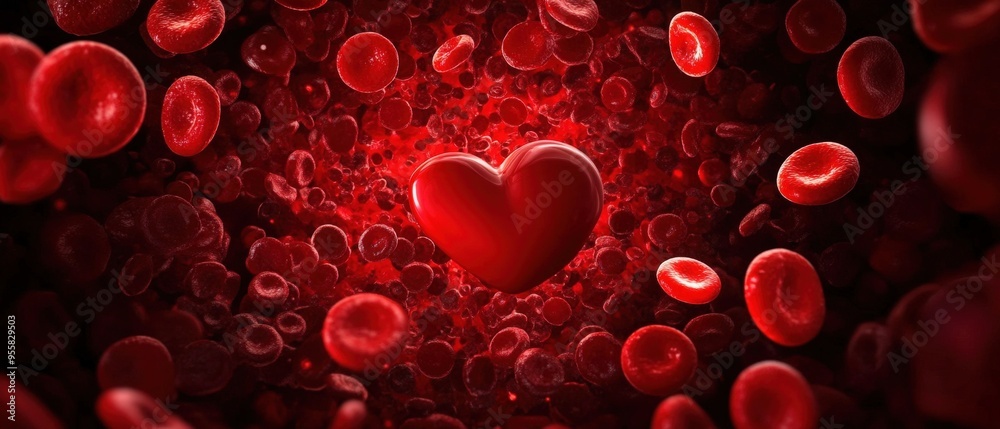 A striking visual of a heart surrounded by vibrant red blood cells, symbolizing love and life in a unique way. A striking visual of a heart surrounded by vibrant red blood cells, symbolizing love and life in a unique way.