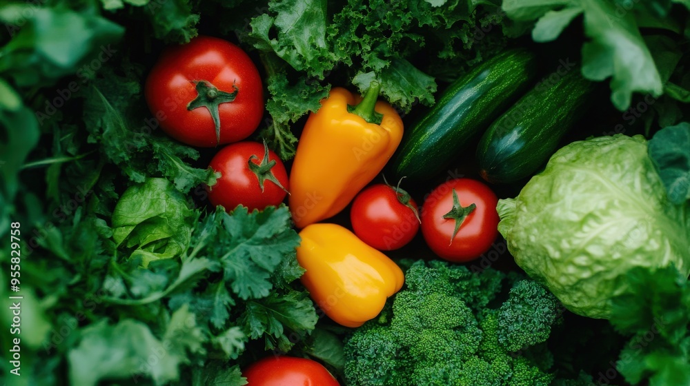 A vibrant assortment of fresh vegetables including tomatoes, peppers, and greens, perfect for healthy eating and cooking. A vibrant assortment of fresh vegetables including tomatoes, peppers, and greens, perfect for healthy eating and cooking.