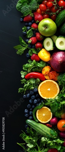 A vibrant assortment of fresh fruits and vegetables arranged beautifully on a dark background, perfect for healthy lifestyle themes.