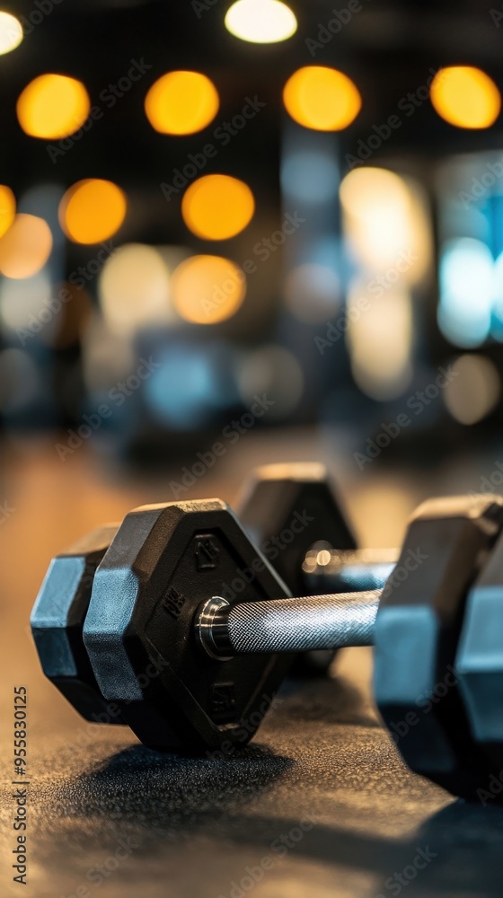 Close-up of a dumbbell on a gym floor, showcasing fitness equipment in a dynamic and energetic environment. Close-up of a dumbbell on a gym floor, showcasing fitness equipment in a dynamic and energetic environment.