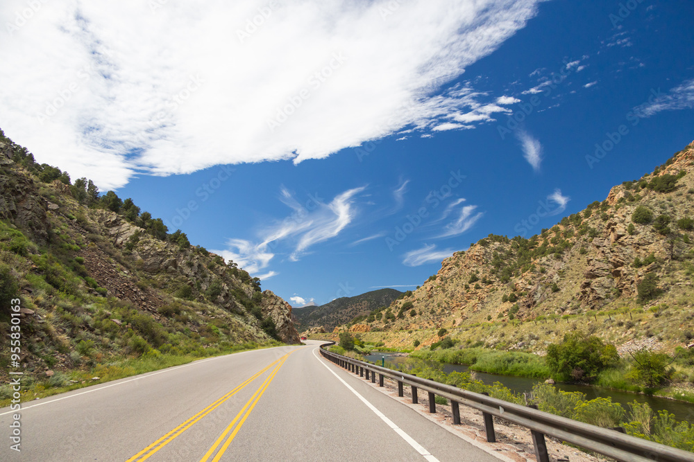 Road beside the Arkansas River flowing through Royal Gorge Canyon, Colorado Road beside the Arkansas River flowing through Royal Gorge Canyon, Colorado