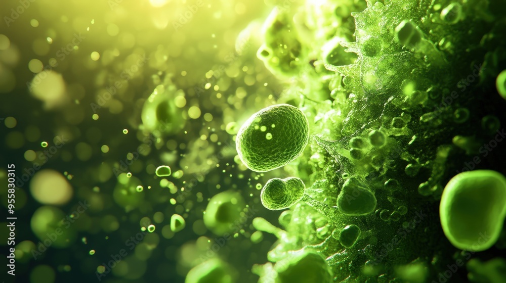 Close-up of vibrant green cells in a dynamic, illuminated environment, showcasing intricate details and organic patterns. Close-up of vibrant green cells in a dynamic, illuminated environment, showcasing intricate details and organic patterns.