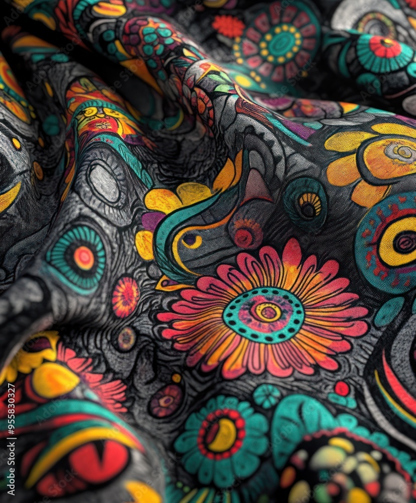 A vibrant fabric featuring intricate floral and abstract patterns in bright colors.