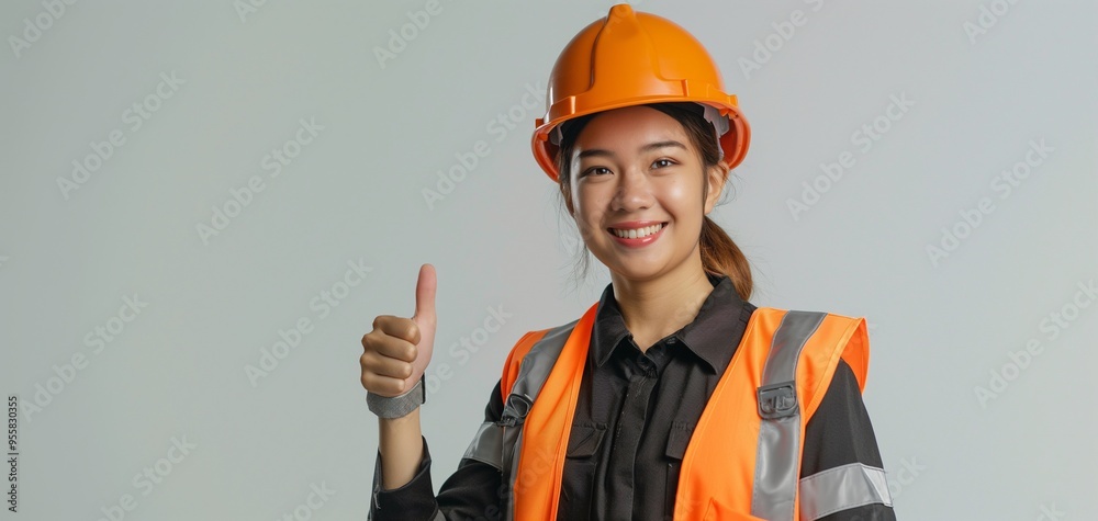 Engineer in an orange helmet and vest hand gesture isolated on background Engineer in an orange helmet and vest hand gesture isolated on background