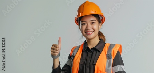 Engineer in an orange helmet and vest hand gesture isolated on background photo