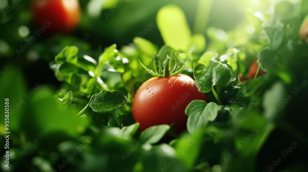 Fresh and vibrant tomato growing amidst lush green leaves, capturing the essence of gardening and healthy produce in nature. Fresh and vibrant tomato growing amidst lush green leaves, capturing the essence of gardening and healthy produce in nature.