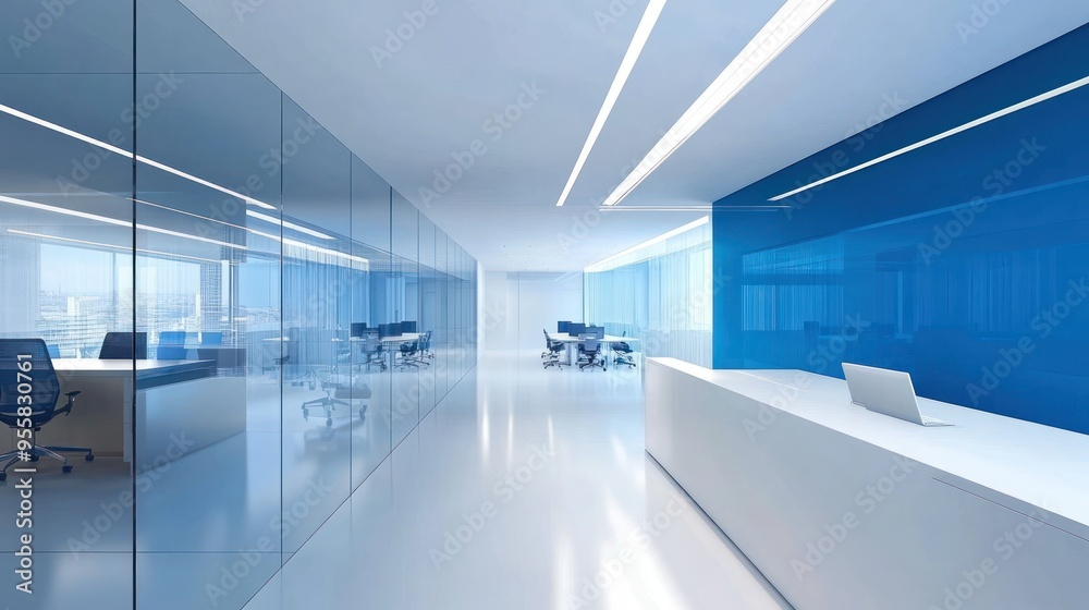 Modern Office Interior with Glass Walls and Blue Accent Wall Modern Office Interior with Glass Walls and Blue Accent Wall