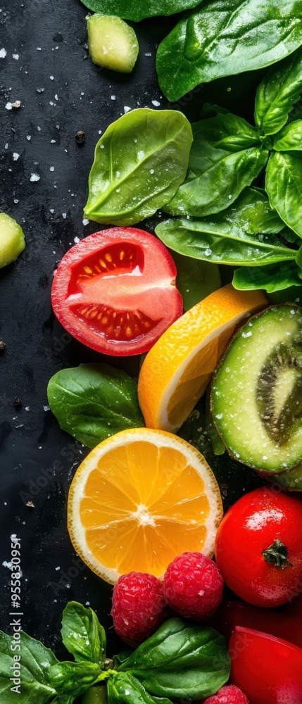 Vibrant assortment of fresh fruits and leafy greens arranged artistically on a dark background, perfect for healthy lifestyle themes. Vibrant assortment of fresh fruits and leafy greens arranged artistically on a dark background, perfect for healthy lifestyle themes.