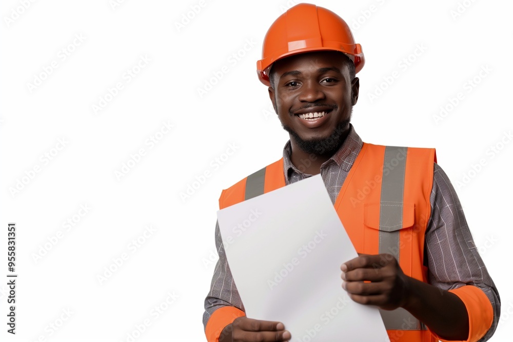 A construction engineer holding blueprint isolated on background A construction engineer holding blueprint isolated on background