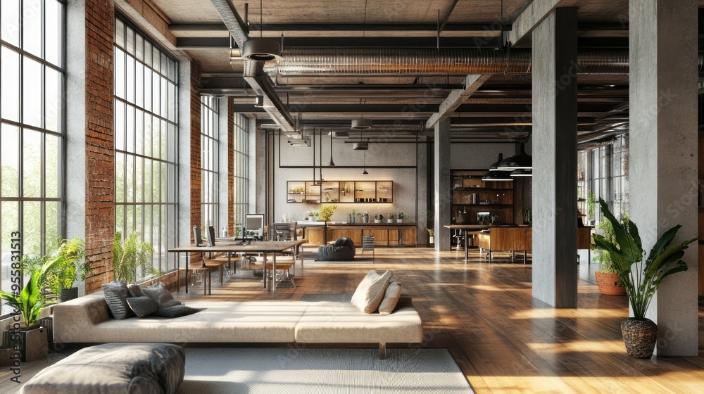 Modern Industrial Loft Living Room with Exposed Brick and Large Windows Modern Industrial Loft Living Room with Exposed Brick and Large Windows