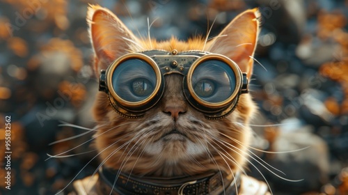 Steampunk Cat with Photorealistic Goggles - Portrait of a Whimsical Animal