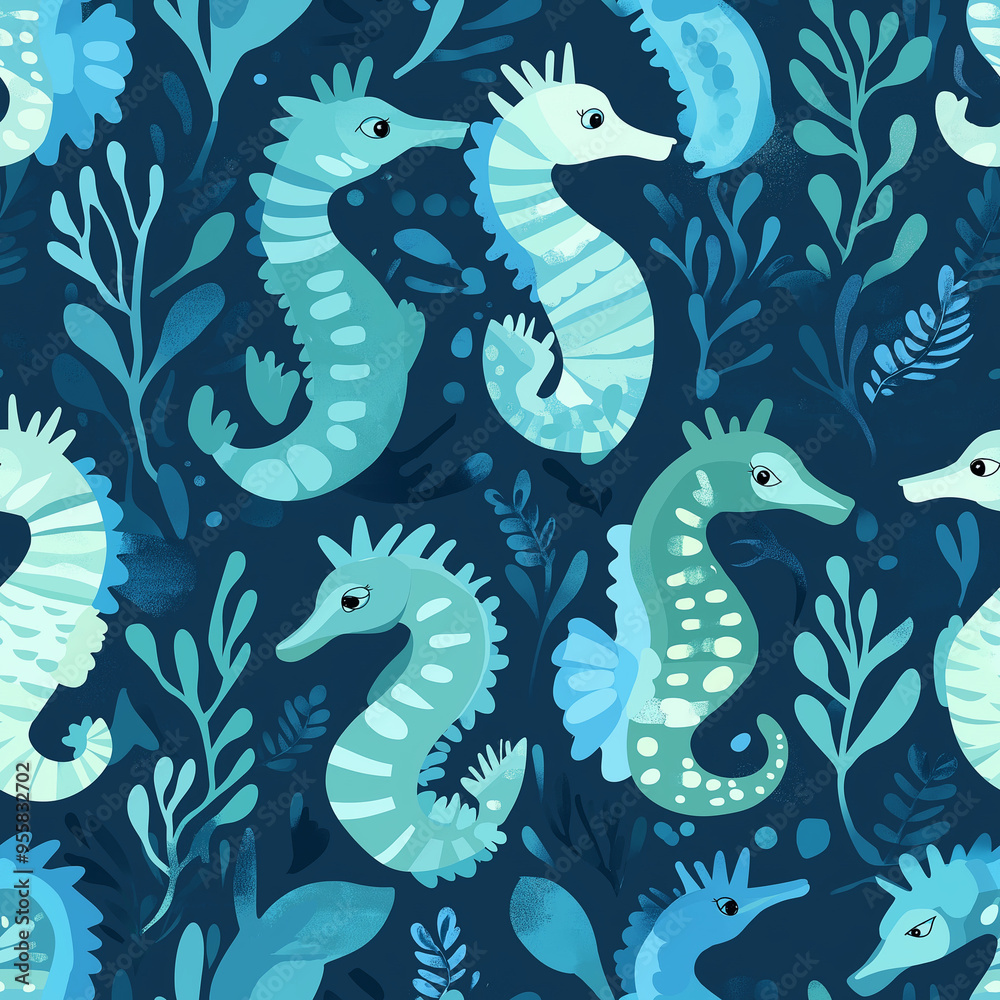 Seahorses seamless repeating pattern, in shades of blue