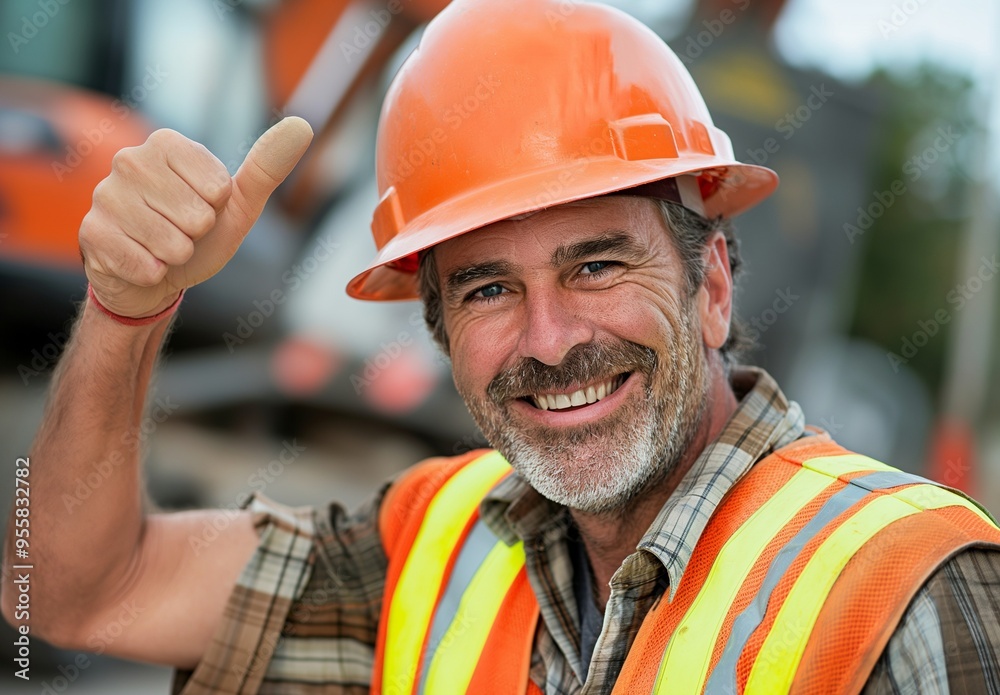 Construction worker wearing a hard hat and safety vest with hand gesture Construction worker wearing a hard hat and safety vest with hand gesture