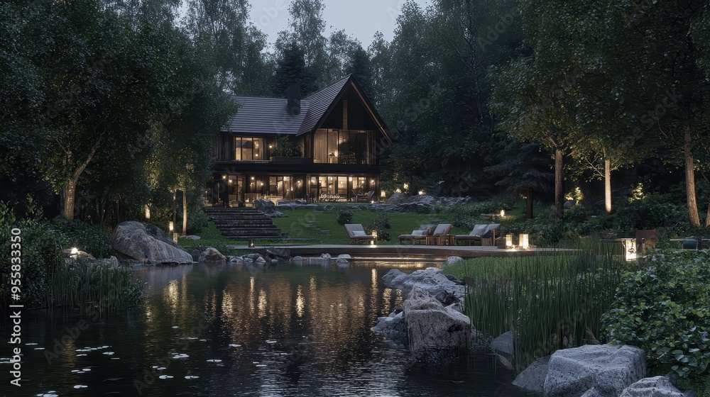 Obraz premium Modern Cabin with Pond and Forest at Dusk