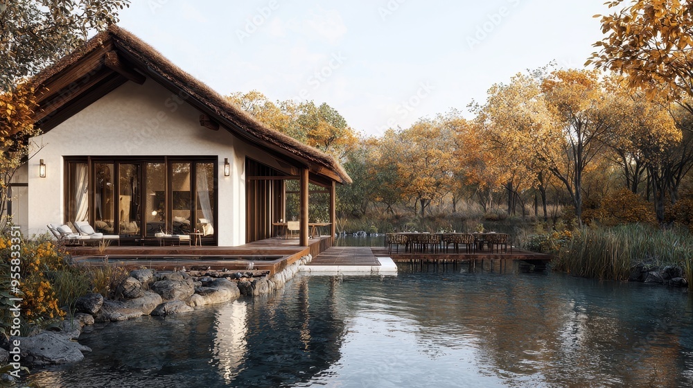 Fototapeta premium Modern Cottage with Pond and Fall Foliage
