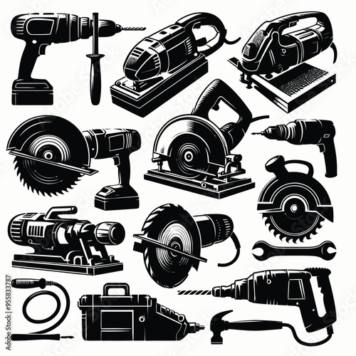 power tools like a drill, circular saw, angle grinder, and jackhammer shilouette