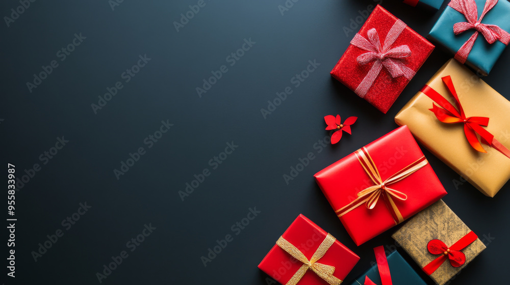 Colorful wrapped gifts arranged on dark surface, perfect for holiday celebrations. Colorful wrapped gifts arranged on dark surface, perfect for holiday celebrations.